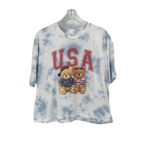 Preppy Bear T Shirt USA America Flag Womens Short Sleeve Sz XL Cropped